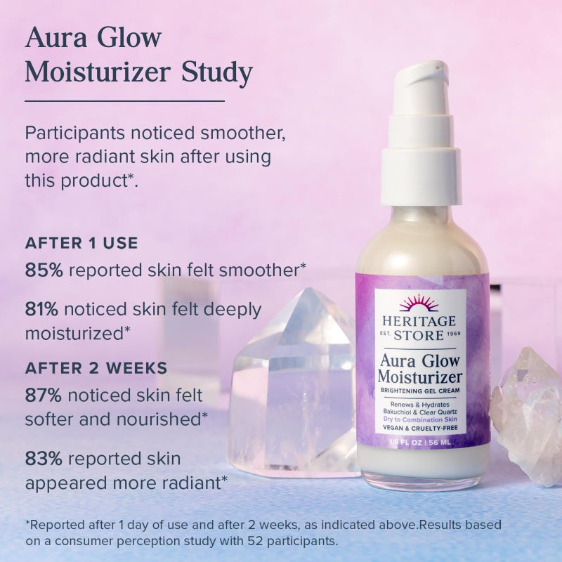 HERITAGE STORE Aura Glow Facial Cleanser, Facial Moisturizer - Daily Skin Care Bundle - Brightening Face Wash, Moisture-Rich Gel Cream, Add Radiance w/Clear Quartz, Vegan, Hypoallergenic, 6oz/1.9oz - Image 3