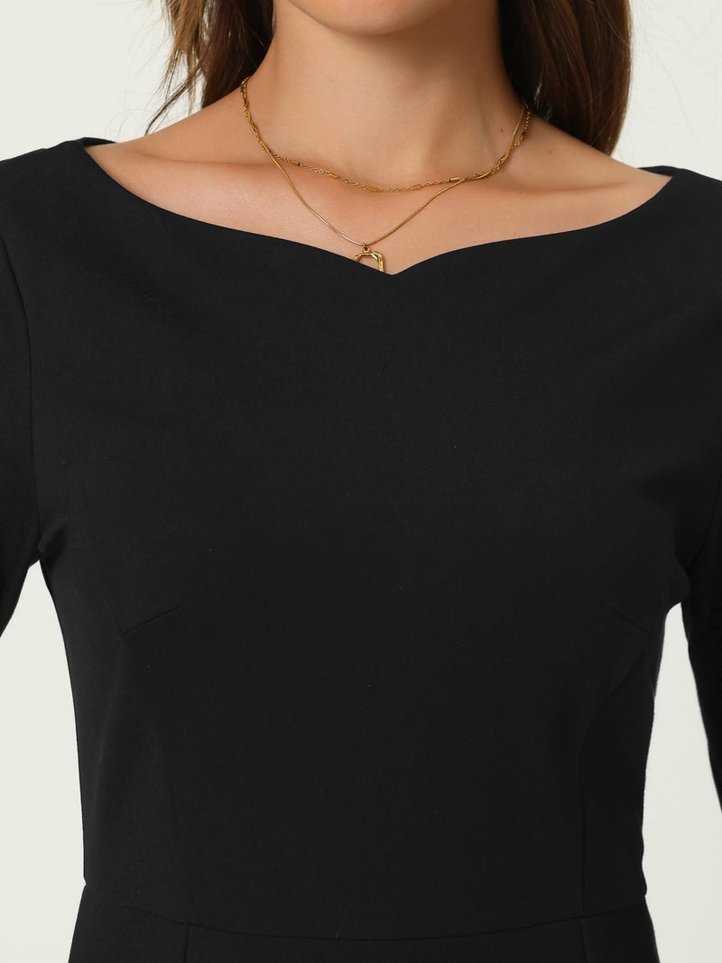 Hobemty Women's 3/4 Sleeve Pencil Dress Boat Neck Elegant Wear to Work Midi Sheath Dresses X-Large Black - Image 4