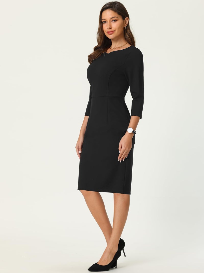 Hobemty Women's 3/4 Sleeve Pencil Dress Boat Neck Elegant Wear to Work Midi Sheath Dresses X-Large Black - Image 3