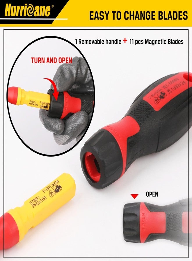 HURRICANE Professional 13 Piece Insulated Electrician Screwdriver Set,1000V Cr-V Magnetic Tip Electrical Tools for Electrician, Slotted, Phillips, Pozidriv, Torx. All-in-1 Industrial & Home Repair Kit - Image 4