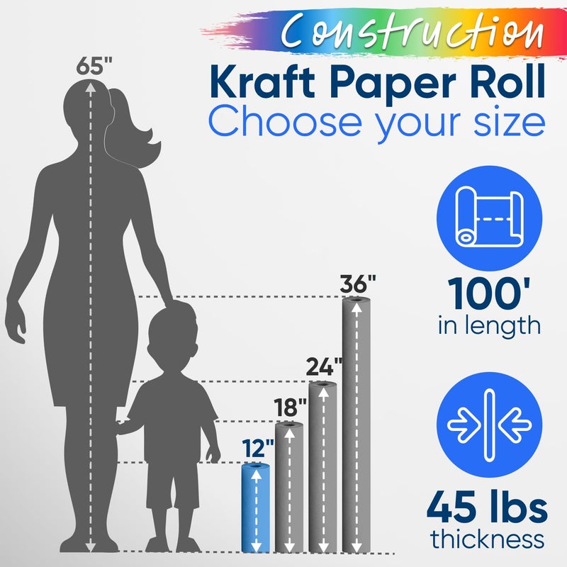 Paclord 12" x 1200" (100 ft) USA-Made Multi-Color Construction Paper Rolls, 45 lbs/66 GSM, 12 Rolls â€“ Deluxe Colored Kraft Paper for School and Art Projects, DIY, Crafts â€“ Non-Toxic, Safe for Kids - Image 3