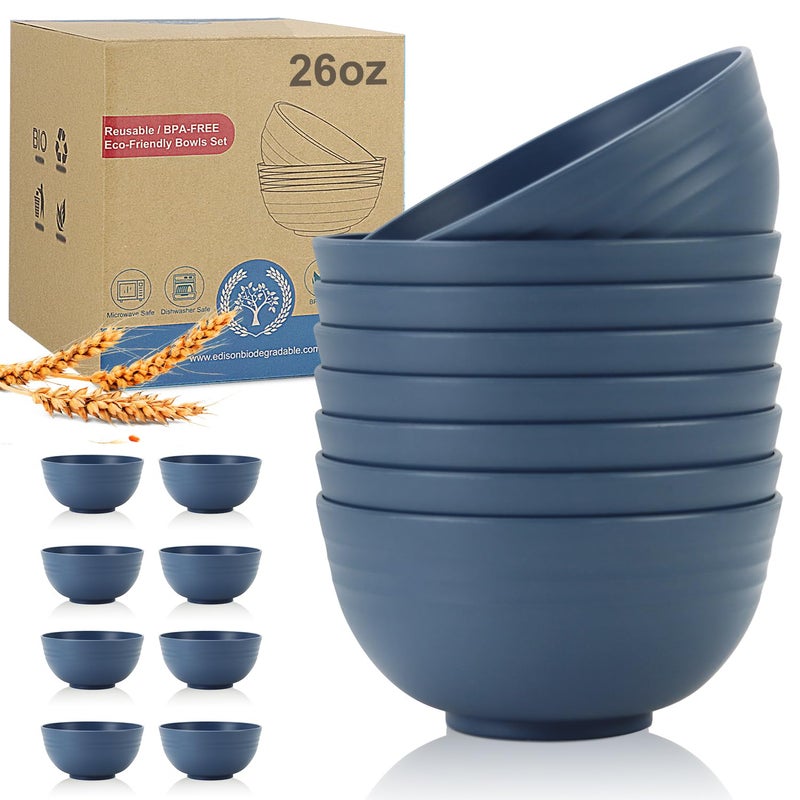 Wrova Wheat Straw Bowl Sets,8 PCS Unbreakable Cereal Bowls 26 OZ,Microwave and Dishwasher Safe Bowls,Kitchen Bowl suitable for cereal,salad,snack and soup (Navy Blue) - Image 1