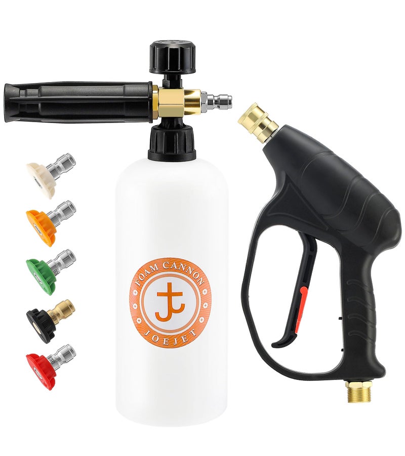 JOEJET Pressure Washer Gun with Foam Cannon Car Wash Foam Gun with 14 Quick Connector 5 Pressure Washer Nozzle Tips 1 Liter