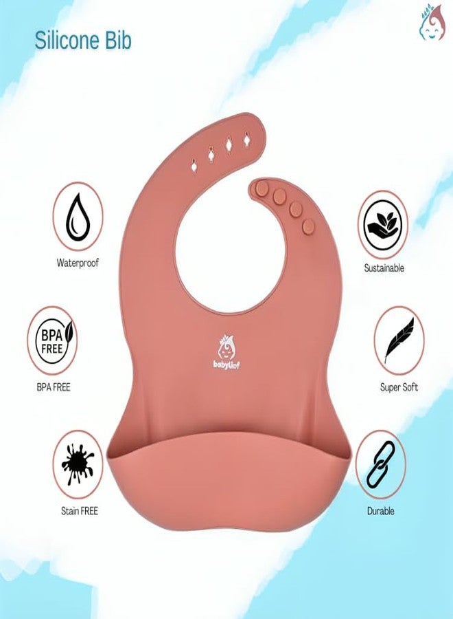 Babylief™ Baby Feeding Set, 4 Pieces, Silicone Bib, Cup with Straw, Bowl with Suction Base and Spoon, Multicolour (Blush Pink) - Image 2