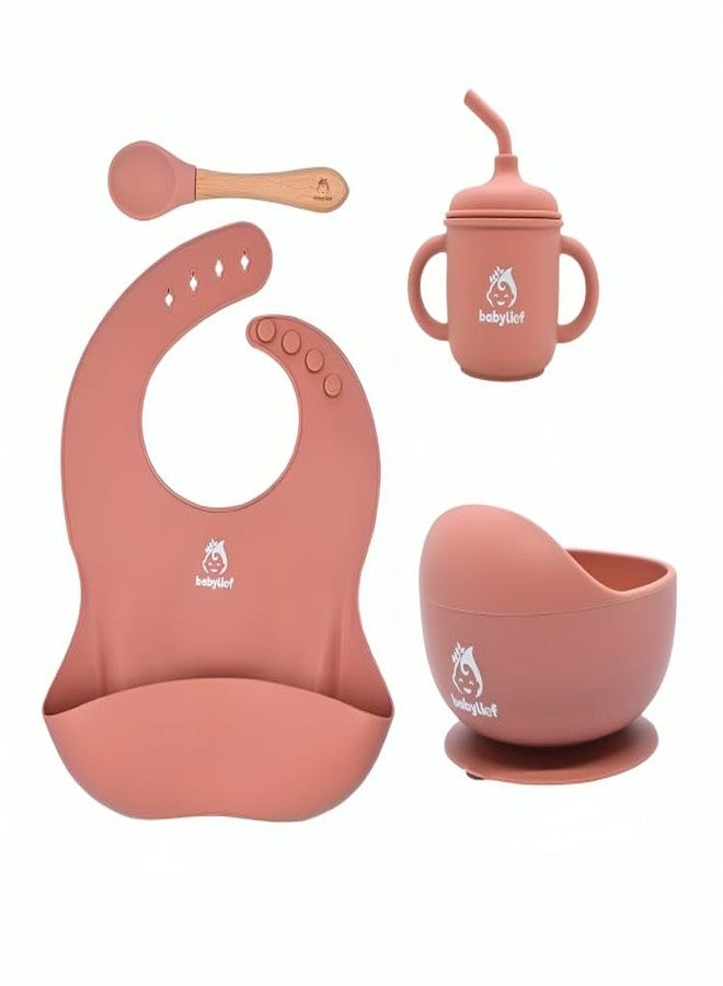 Babylief™ Baby Feeding Set, 4 Pieces, Silicone Bib, Cup with Straw, Bowl with Suction Base and Spoon, Multicolour (Blush Pink) - Image 1