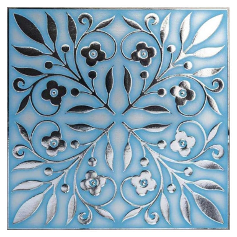 Main Street 24-Pack of 8 x 8" Wallpaper Tiles Peel and Sitck in Blue and Silver Leaves Design for Kitchen Backsplash, Renter Friendly, Paper Wall Tiles for Your Home and DIY Projects - Image 1