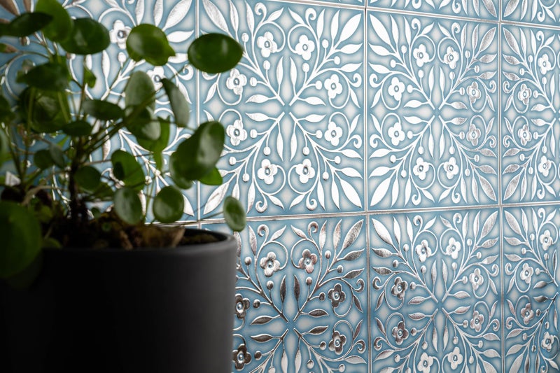 Main Street 24-Pack of 8 x 8" Wallpaper Tiles Peel and Sitck in Blue and Silver Leaves Design for Kitchen Backsplash, Renter Friendly, Paper Wall Tiles for Your Home and DIY Projects - Image 5
