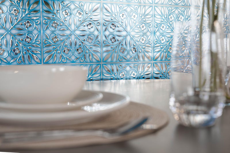 Main Street 24-Pack of 8 x 8" Wallpaper Tiles Peel and Sitck in Blue and Silver Leaves Design for Kitchen Backsplash, Renter Friendly, Paper Wall Tiles for Your Home and DIY Projects - Image 3