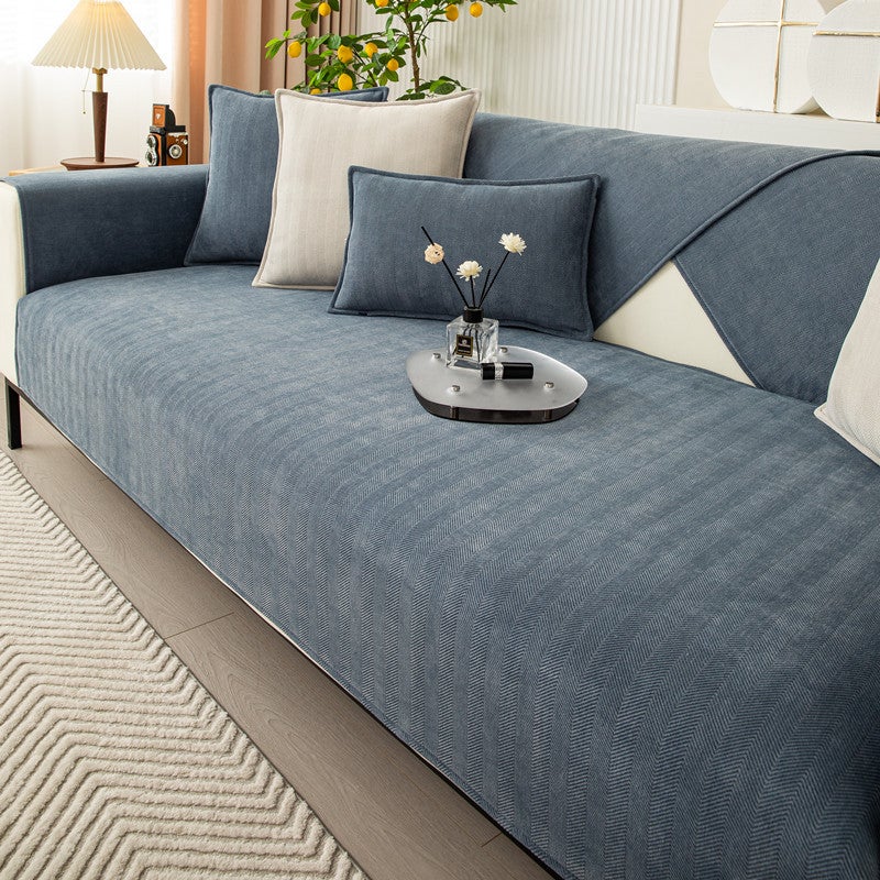 Four Seasons Universal Snow Fabric Solid Color Herringbone Striped Sofa Cushion Modern Simple Non-Slip Sofa Cushion Towel - Image 1