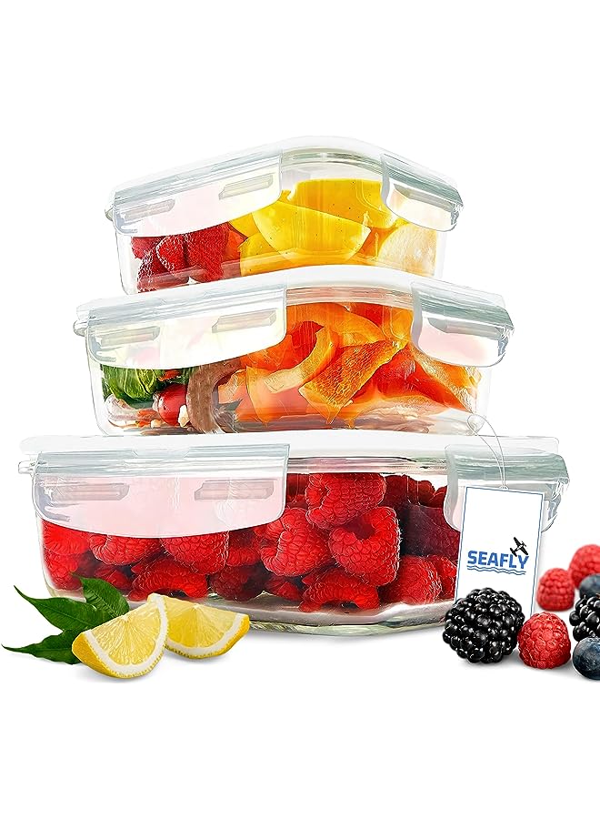 [3-Pack] BOROSILICATE Glass Kitchen Airtight Meal Containers With Lasting Snap Locking Lids, Glass Food Storage Container, Microwave/Oven/Freezer & Dishwasher Safe, 100% BPA Free - Image 1