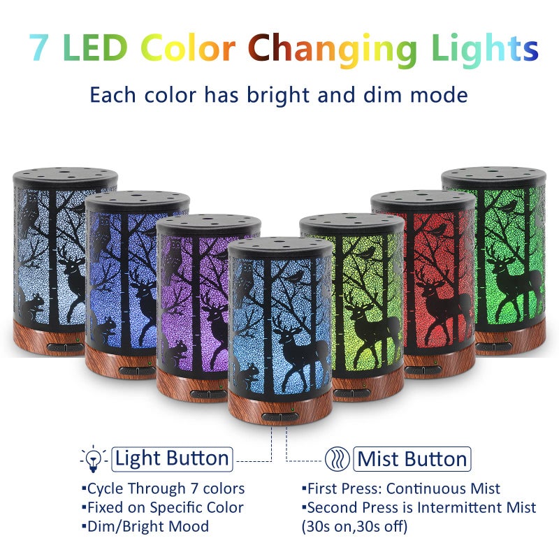 EQUSUPRO Essential Oil Diffuser 150ml Metal Aromatherapy Oil Diffuser Ultrasonic Cool Mist Diffuser with Auto Shut-Off Protection,7 Colors Changed LED for Home Office SPA Yoga (Deer) - Image 2
