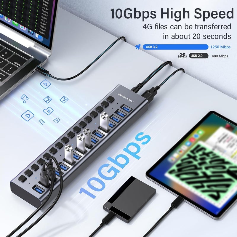 أكاسيس USB 3.1 محور مزود بالطاقة، 16 منفذًا، سرعة 10 جيجابت في الثانية، إطار من الألومنيوم، مزود طاقة 96 واط، متوافق مع الكمبيوتر الشخصي، الكمبيوتر المحمول، محرك الأقراص المحمول، الطابعة والكاميرا - Image 3