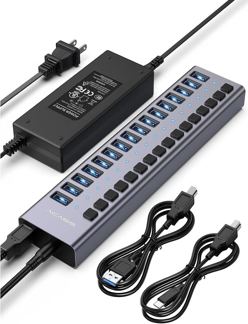 أكاسيس USB 3.1 محور مزود بالطاقة، 16 منفذًا، سرعة 10 جيجابت في الثانية، إطار من الألومنيوم، مزود طاقة 96 واط، متوافق مع الكمبيوتر الشخصي، الكمبيوتر المحمول، محرك الأقراص المحمول، الطابعة والكاميرا - Image 1