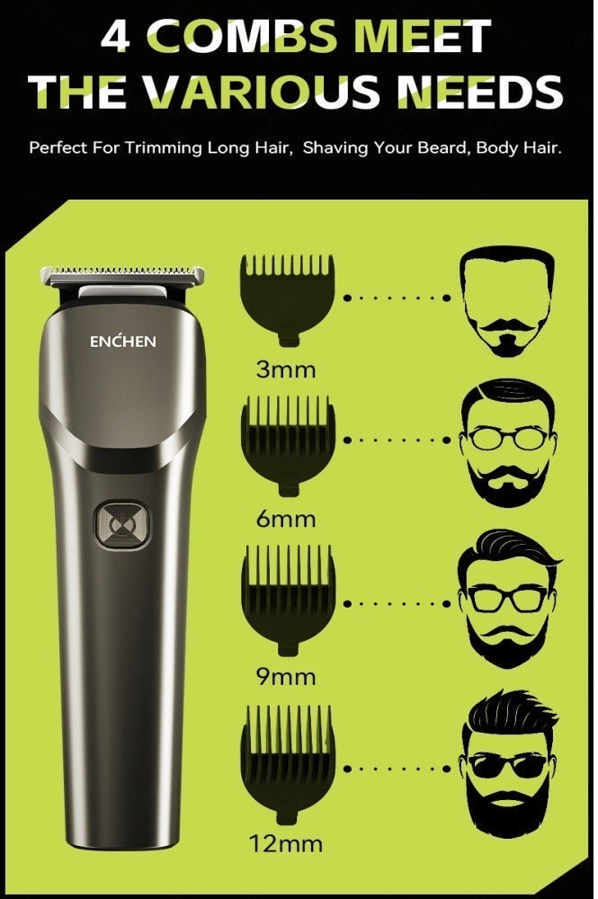 ENCHEN Beardo 2 Cordless Trimmer for Men – 8000RPM Ultra-Sharp Stainless Steel Blades, 1200mAh Rechargeable Battery, Type-C Fast Charging, LED Indicator, Travel Lock, 4 Adjustable Guide Combs (3mm-12mm) – Black - Image 5