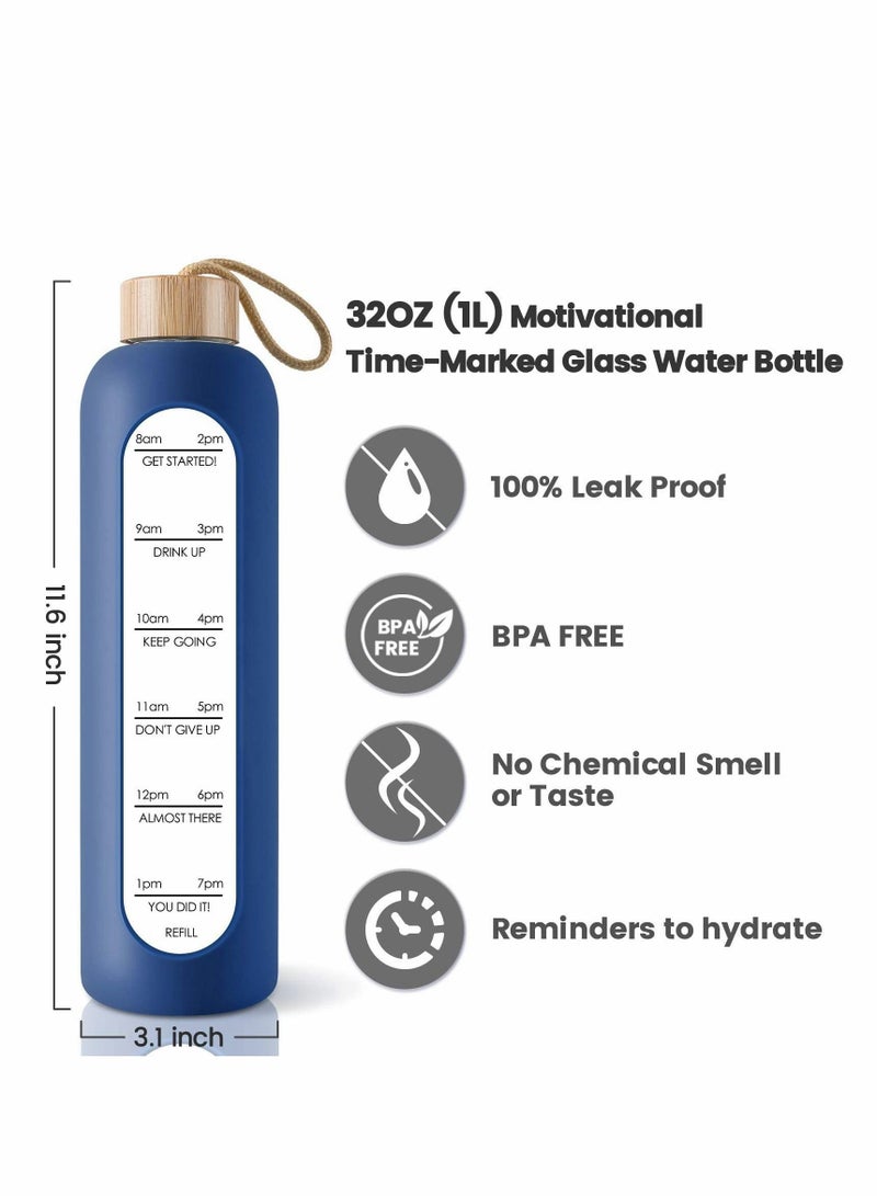 Y&D 32 Oz Borosilicate Glass Water Bottle with Time Marker Reminder Quotes Leak Proof Reusable BPA Free Motivational Silicone Sleeve and Bamboo Lid - Image 2