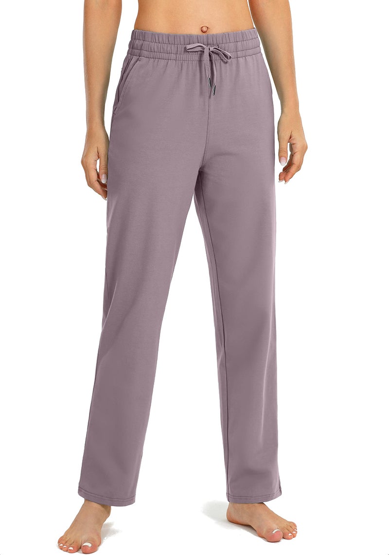 SANTINY Women's Cotton Sweatpants Yoga Lounge Casual Pants Open Bottom Sweat Pants for Women with Pockets (Dusty Purple_M) - Image 2