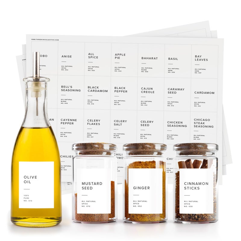 ThreeKin Collective 250 White Spice Labels by ThreeKin | Waterproof & Oil-Resistant Pre-Printed Stickers for Spice Jars | Durable, BPA-Free Seasoning Labels | Easy-Clean, No-Residue Design | Proudly Female & USA Owned - Image 1