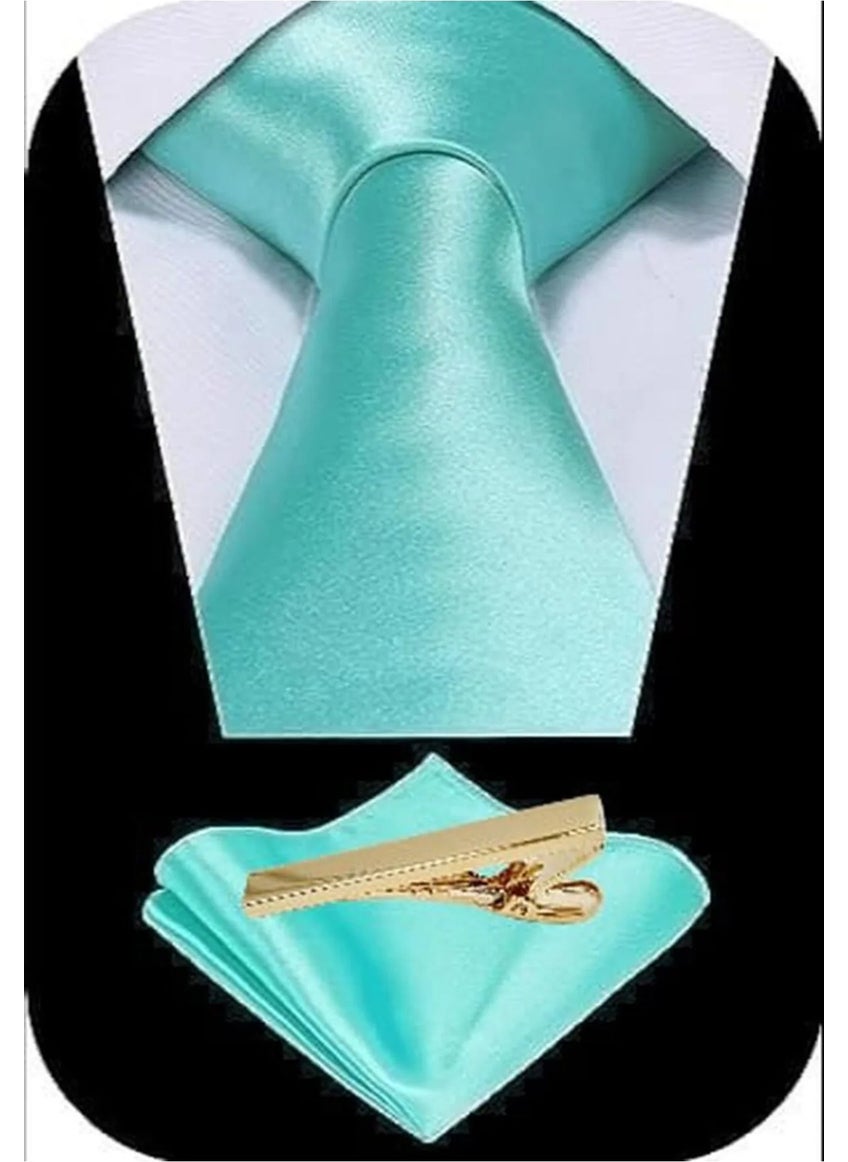 Tezzgelsin Men's Satin Tie Handkerchief and Gold Steel Tie Clip Set  - Image 1