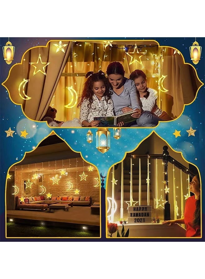 أضواء رمضان LED بتصميم النجوم والقمر – ستارة وسلسلة إضاءة بطول 3.5 أمتار باللون الأبيض الدافئ، زينة رمضان وعيد الفطر للمنزل وغرفة النوم والنوافذ، 8 أوضاع إضاءة، قابس بريطاني ثلاثي (UK 3-Pin). - view 5