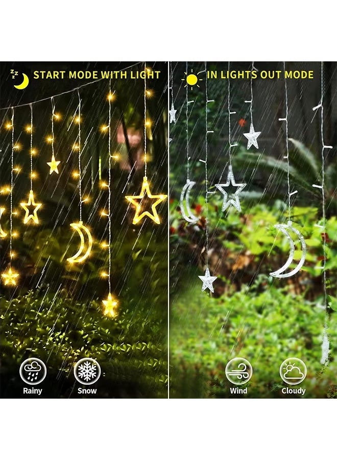 أضواء رمضان LED بتصميم النجوم والقمر – ستارة وسلسلة إضاءة بطول 3.5 أمتار باللون الأبيض الدافئ، زينة رمضان وعيد الفطر للمنزل وغرفة النوم والنوافذ، 8 أوضاع إضاءة، قابس بريطاني ثلاثي (UK 3-Pin). - view 4