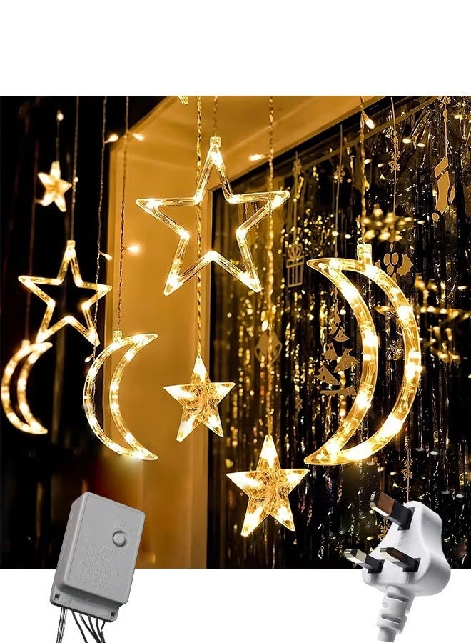 أضواء رمضان LED بتصميم النجوم والقمر – ستارة وسلسلة إضاءة بطول 3.5 أمتار باللون الأبيض الدافئ، زينة رمضان وعيد الفطر للمنزل وغرفة النوم والنوافذ، 8 أوضاع إضاءة، قابس بريطاني ثلاثي (UK 3-Pin). - view 2
