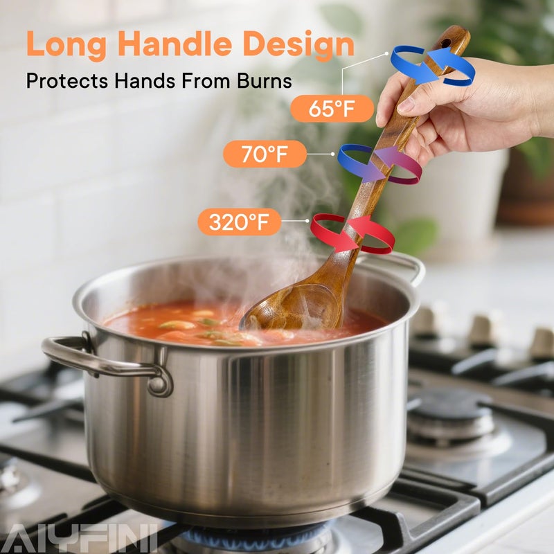 Alyfini Non-Toxic Wooden Kitchen Utensils Set, 15.4" Long Handle Wood Spatula for Cooking, Egg Flipper Fish Turner Spatula for Non Stick Frying Pan, with Chopsticks, Soup Ladle, Pasta Spoon, Holder, Rest - Image 5