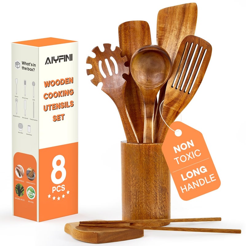 Alyfini Non-Toxic Wooden Kitchen Utensils Set, 15.4" Long Handle Wood Spatula for Cooking, Egg Flipper Fish Turner Spatula for Non Stick Frying Pan, with Chopsticks, Soup Ladle, Pasta Spoon, Holder, Rest - Image 1