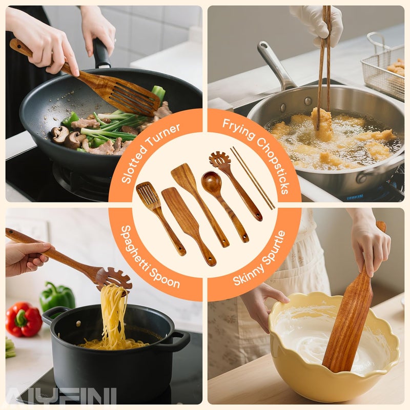 Alyfini Non-Toxic Wooden Kitchen Utensils Set, 15.4" Long Handle Wood Spatula for Cooking, Egg Flipper Fish Turner Spatula for Non Stick Frying Pan, with Chopsticks, Soup Ladle, Pasta Spoon, Holder, Rest - Image 3
