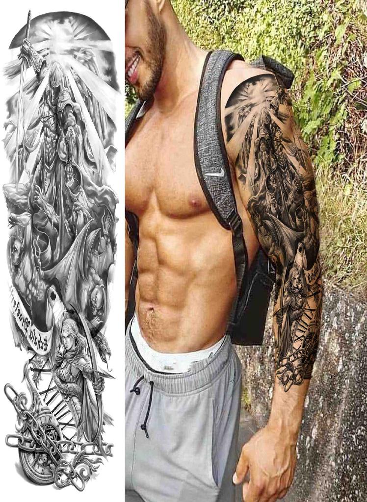 Black Eagle Full Arm Tattoo Sleeve For Men Women Realistic Fake Army Compass Temporary Tattoos Waterproof Large Tatoos Stickers 