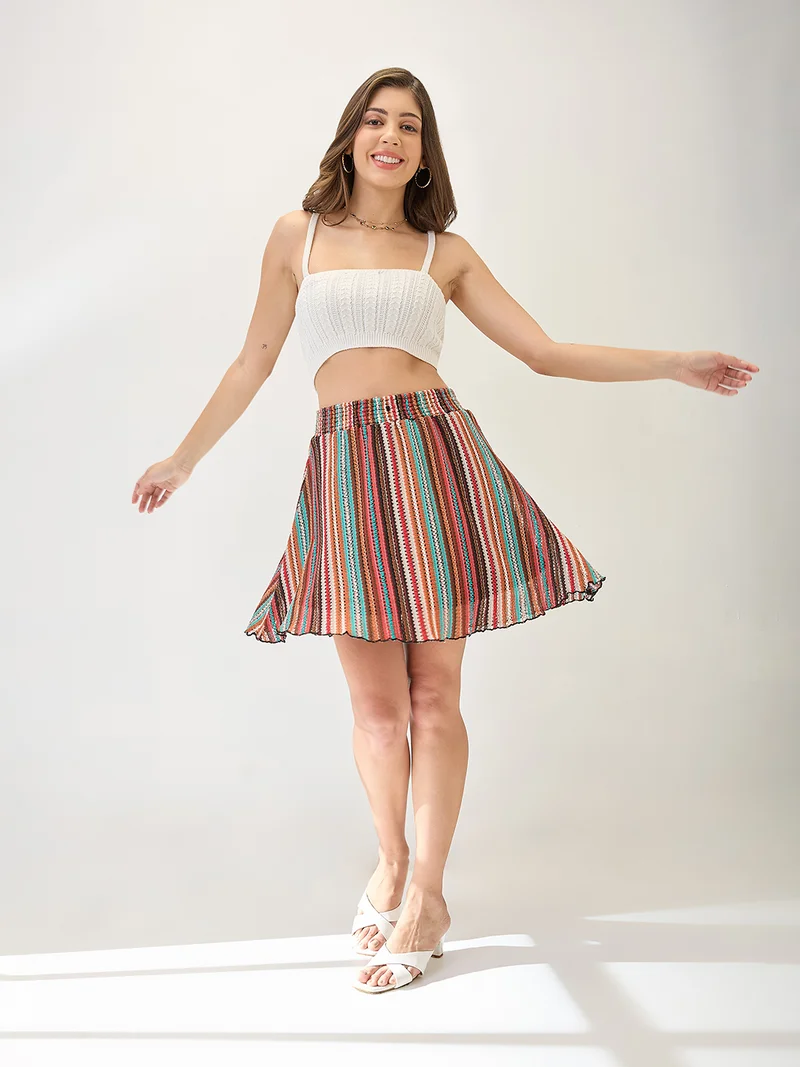 جلو باص جوب نسائي قصير مخطط كروشيه بخصر متوسط