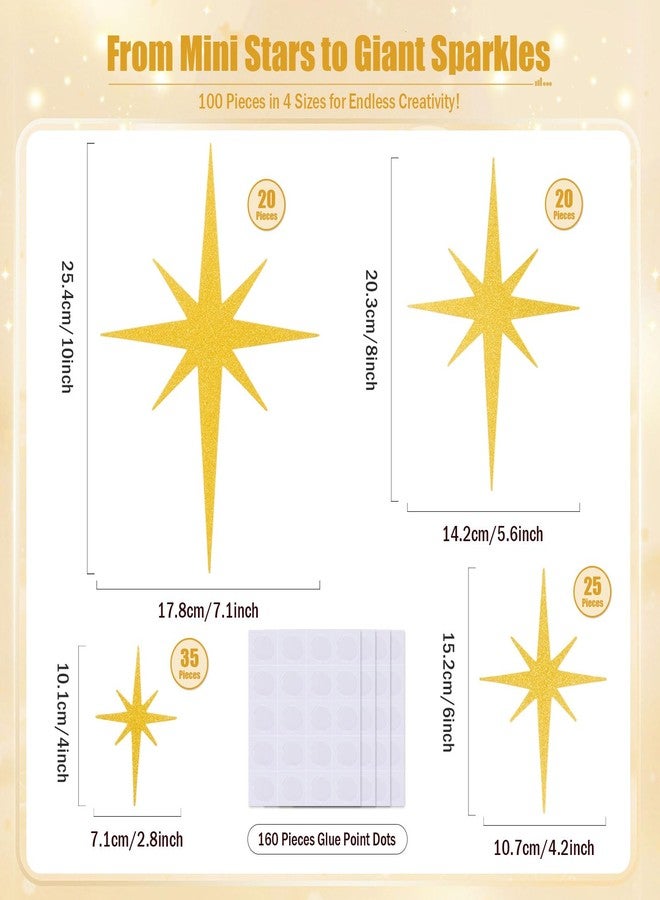 MixTeach 100Pcs Giltter Starburst Cutouts Gold Paper Retro Atomic Stars 4 Sizes Sparkle Mid Century Modern Star Decor Wall Decals for Wedding Anniversaries Party Home School Office Decor - Image 2
