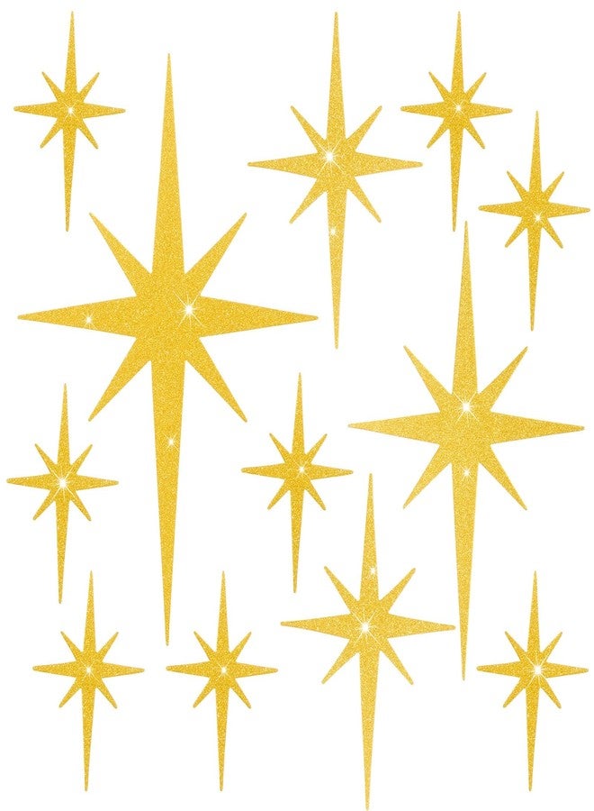 MixTeach 100Pcs Giltter Starburst Cutouts Gold Paper Retro Atomic Stars 4 Sizes Sparkle Mid Century Modern Star Decor Wall Decals for Wedding Anniversaries Party Home School Office Decor - Image 1