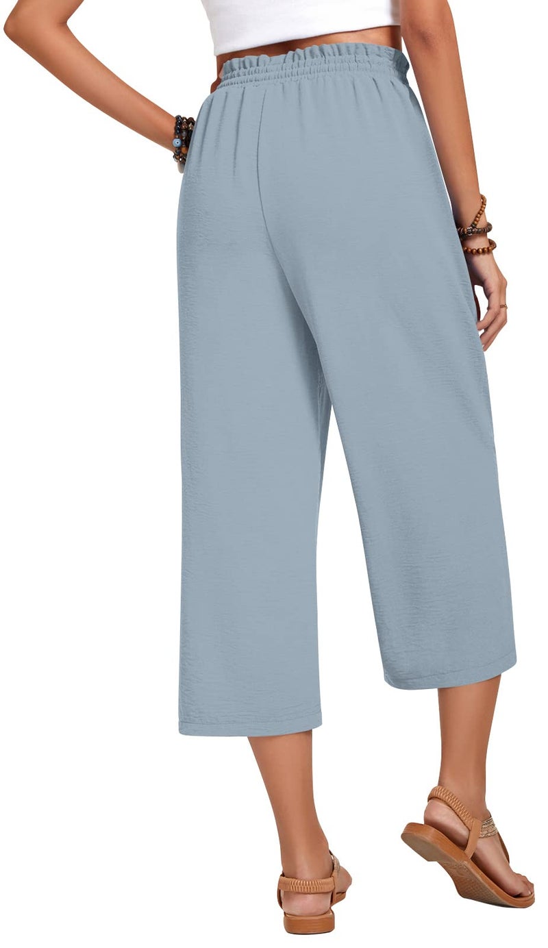 Anyhold Womens Capri Pants Loose High Waisted Wide Leg Lounge Pants Drawstring Casual Palazzo Trousers with Pockets X-Large, Denim Blue - Image 3