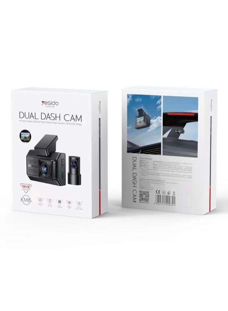 Yesido KM15 Dual Dash Camera – 4K Ultra HD Front & Rear Driving Recorder, Wide-Angle Car DVR with Night Vision, Loop Recording, G-Sensor & Parking Monitor for Road Safety - Image 5
