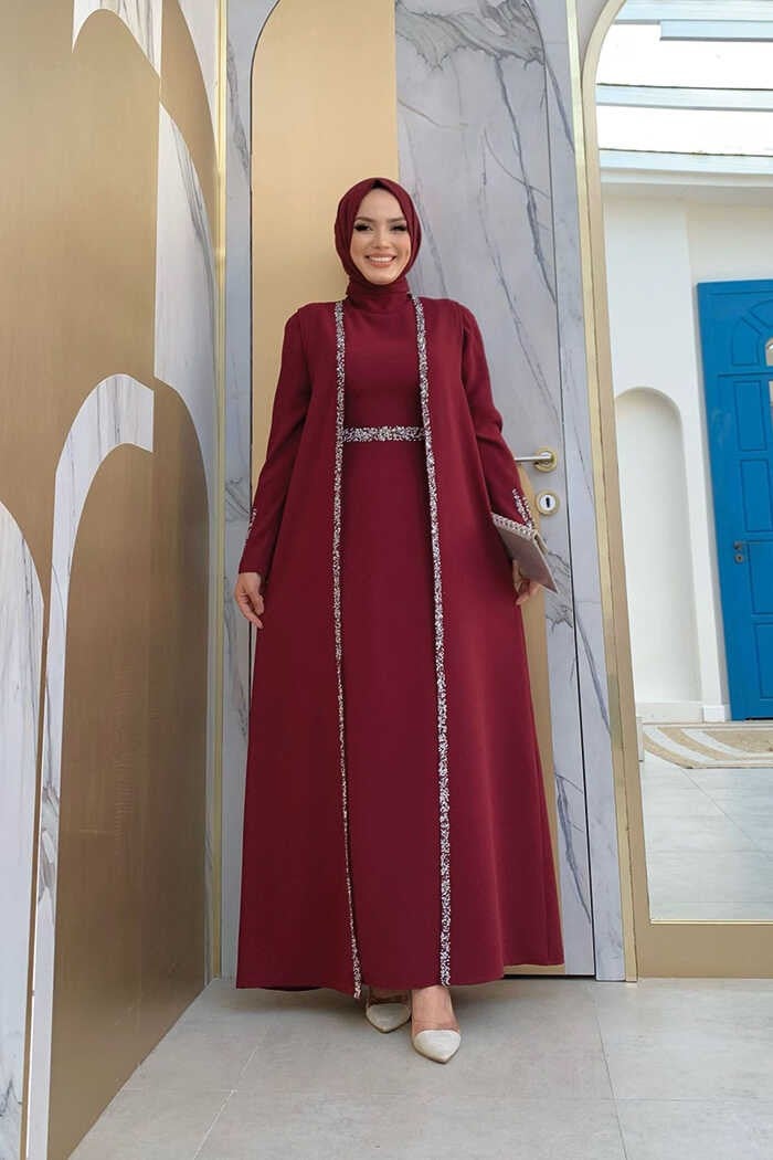 Bym Fashion Bym Stone Embroidery Detailed Vest Dress Suit 3838 Claret Red  - Image 1