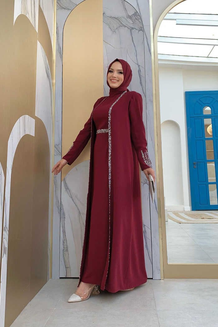 Bym Fashion Bym Stone Embroidery Detailed Vest Dress Suit 3838 Claret Red  - Image 2