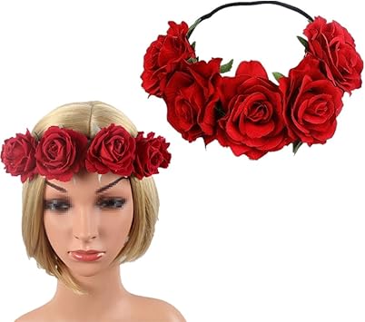 UPSTORE 1 Pcs Rose Flower Crown Floral Headbands Red Fake Rose Flower Crown Elastic Headband Hair Garland Wedding Headpieces Hair Accessories For Women Halloween Cosplay Costume Party - Image 1