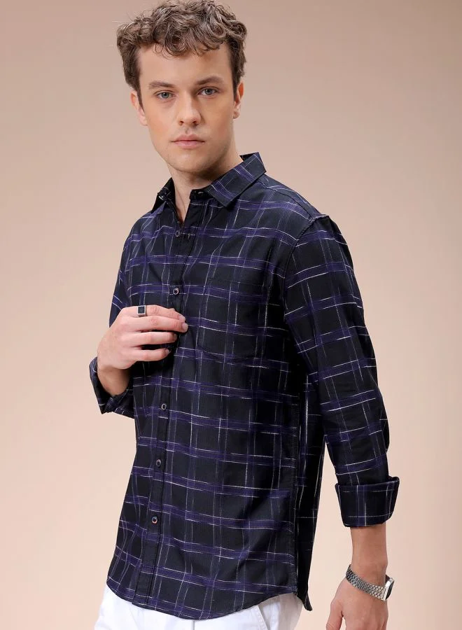 The Indian Garage Co Men Slim Fit Checkered Full Sleeves Cutaway Collar Casual Shirt
