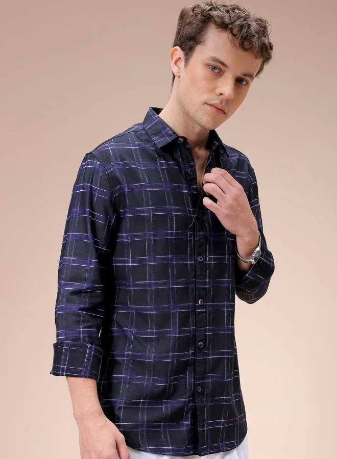 The Indian Garage Co Men Slim Fit Checkered Full Sleeves Cutaway Collar Casual Shirt