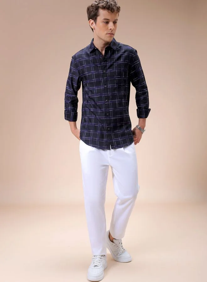 The Indian Garage Co Men Slim Fit Checkered Full Sleeves Cutaway Collar Casual Shirt