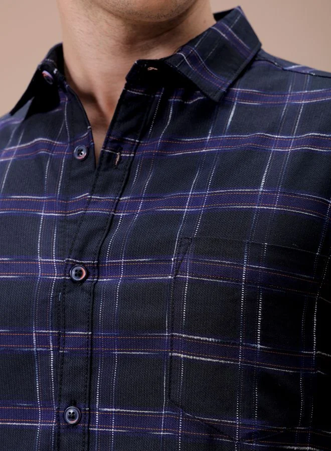 The Indian Garage Co Men Slim Fit Checkered Full Sleeves Cutaway Collar Casual Shirt
