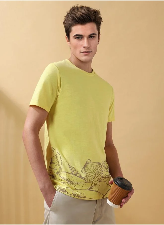 دينيس لينغو Panna Cotta Cotton Printed Pattern Regular Fit T-Shirts for Men with Round Neck Neckline Half Sleeves Regular Length Upper Body Wear T-shirts Knitted Weave - Perfect for Lifestyle Occasions