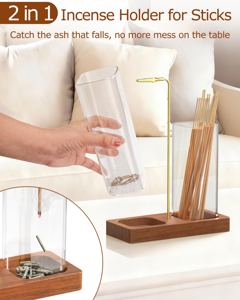 LarFaFa 2 in 1 Incense Holder, Large Glass Incense Holder for Sticks, Upside Down Wooden Incense Burner with Ash Catcher & Incense Storage for Meditation Yoga Spa Home Decor, with 20 Incense Sticks & Brush - Image 2