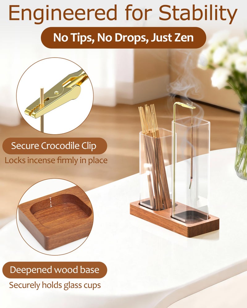 LarFaFa 2 in 1 Incense Holder, Large Glass Incense Holder for Sticks, Upside Down Wooden Incense Burner with Ash Catcher & Incense Storage for Meditation Yoga Spa Home Decor, with 20 Incense Sticks & Brush - Image 4