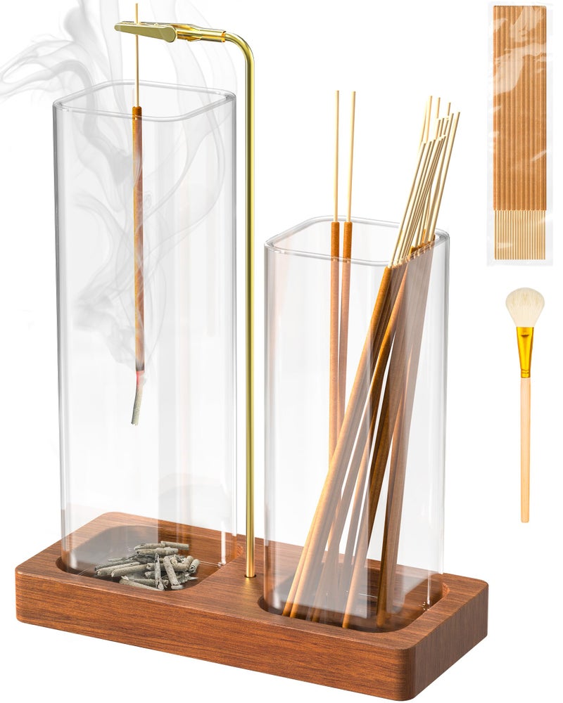 LarFaFa 2 in 1 Incense Holder, Large Glass Incense Holder for Sticks, Upside Down Wooden Incense Burner with Ash Catcher & Incense Storage for Meditation Yoga Spa Home Decor, with 20 Incense Sticks & Brush - Image 1