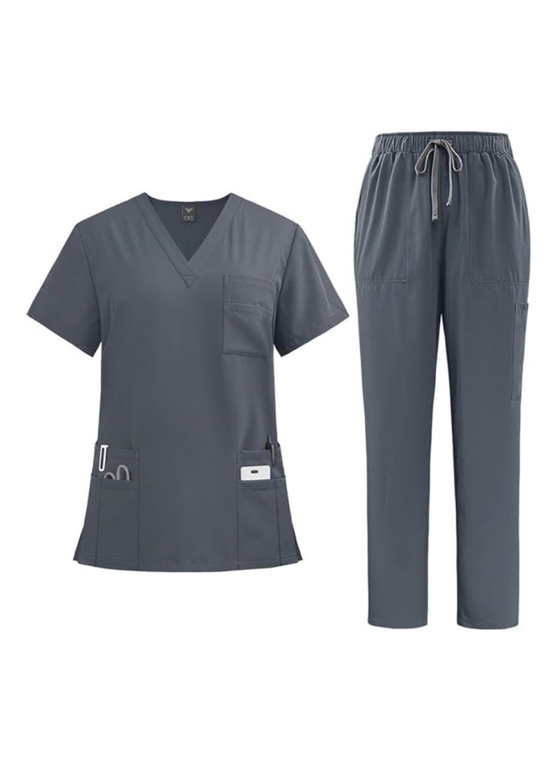 Nجهود مميزة مجموعة ملابس طبية نسائية ورجالية، مجموعة قميص وسروال طبي، مجموعة ملابس طبية، ملابس تنحيف (رمادية) ،مناسبة للمستشفيات والعيادات وغيرها - Image 1
