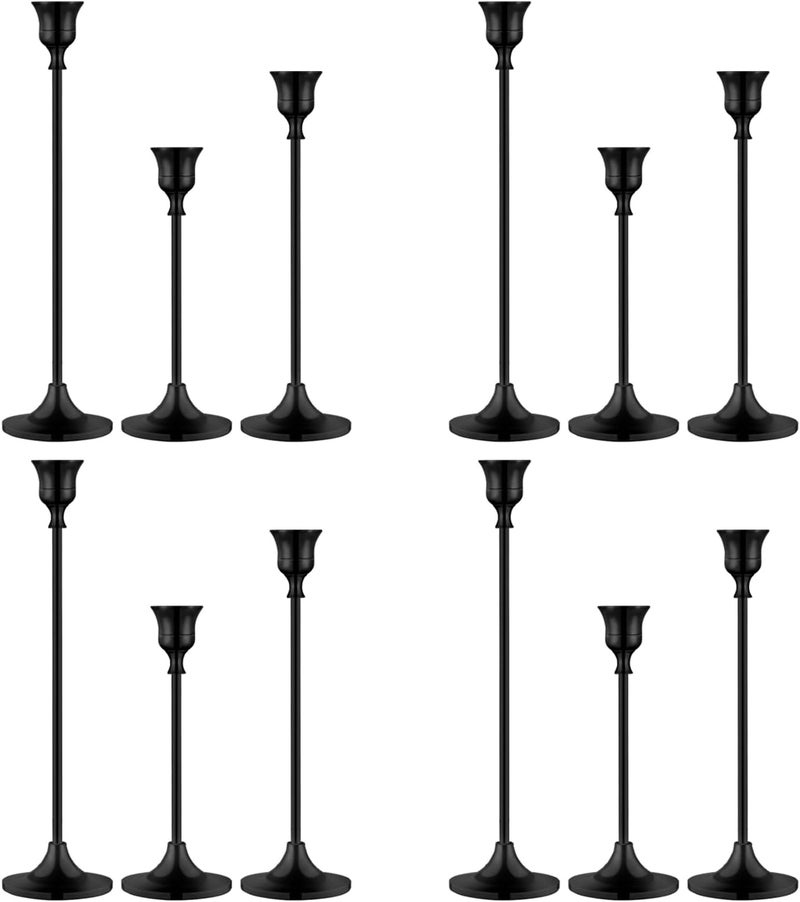 Pusenlan Metal Candle Holders for Candlesticks Taper Candlestick Holders Set Vintage Decorative Centerpiece Candelabra Tall Candle Stands (Matt Black, 4 Sets (12 pcs)) - Image 1