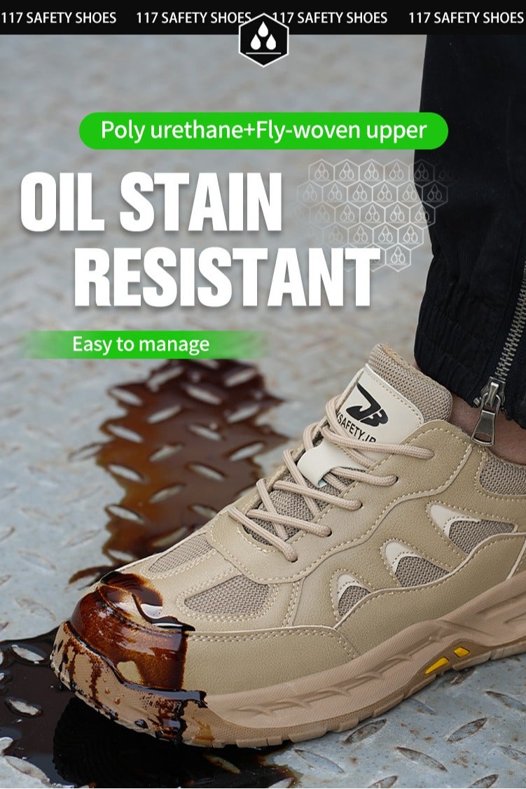 Breathable labor protection shoes, anti-smash and anti-puncture steel toe safety shoes, comfortable and wear-resistant work shoes, lightweight adventure sports shoes khaki - Image 4