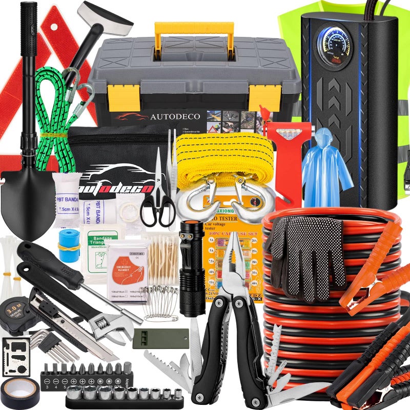 طقم أدوات الطوارئ للسيارة AUTODECO 98 قطعة مع ضاغط هواء محمول وكابلات قفز ومطرقة أمان مجموعة أدوات متعددة الاستخدامات باللون الأسود