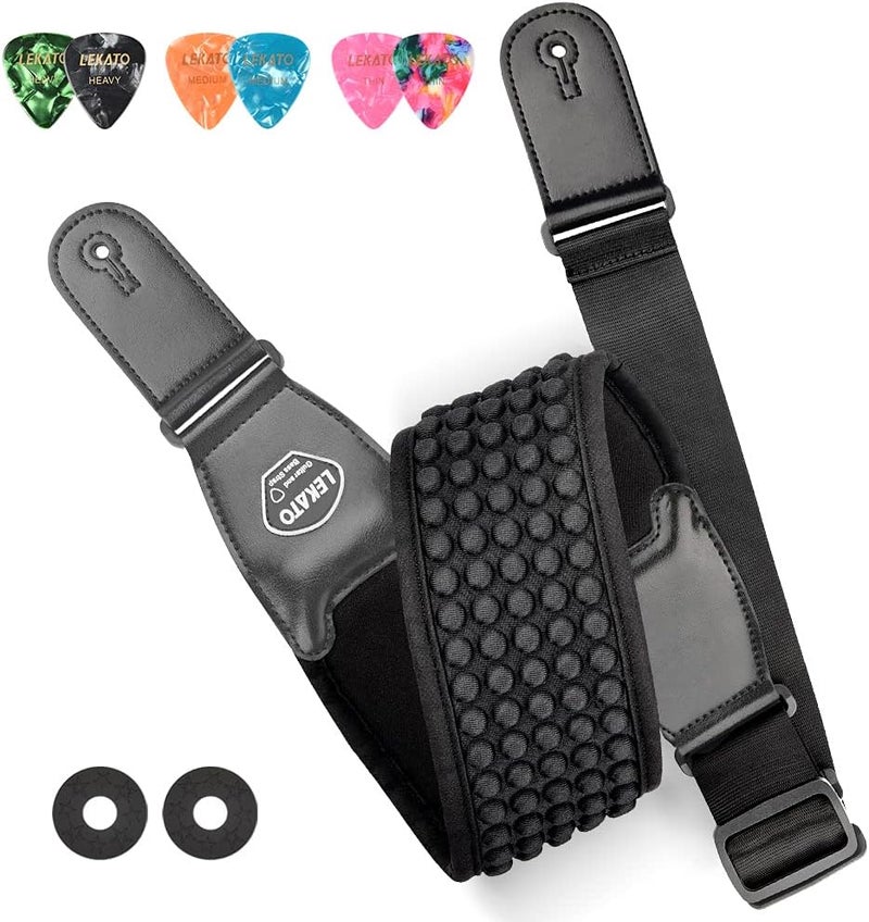 LEKATO Guitar Straps for Electric Guitar Bass, 3.5" Wide Padded Guitar Strap Neoprene Pad with 3D Sponge Filling Bass Guitar Straps Adjustable Length from 45" to 55" with Strap Locks, Picks - Image 1